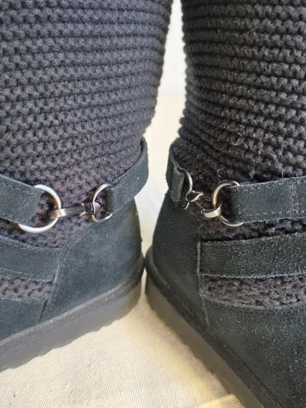 UGG Purl Strap Boot 1098080 Black Suede Knit Cuff Wool Lined Women's Size 10